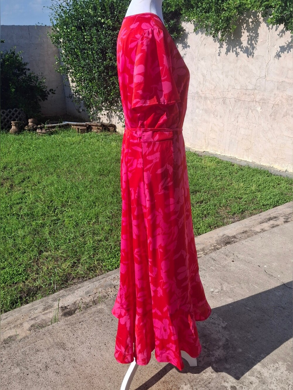 Tropical Floral Wrap Dress Maxi Pink Red Tie Waist Short Sleeve Women Size Small - Picture 7 of 14